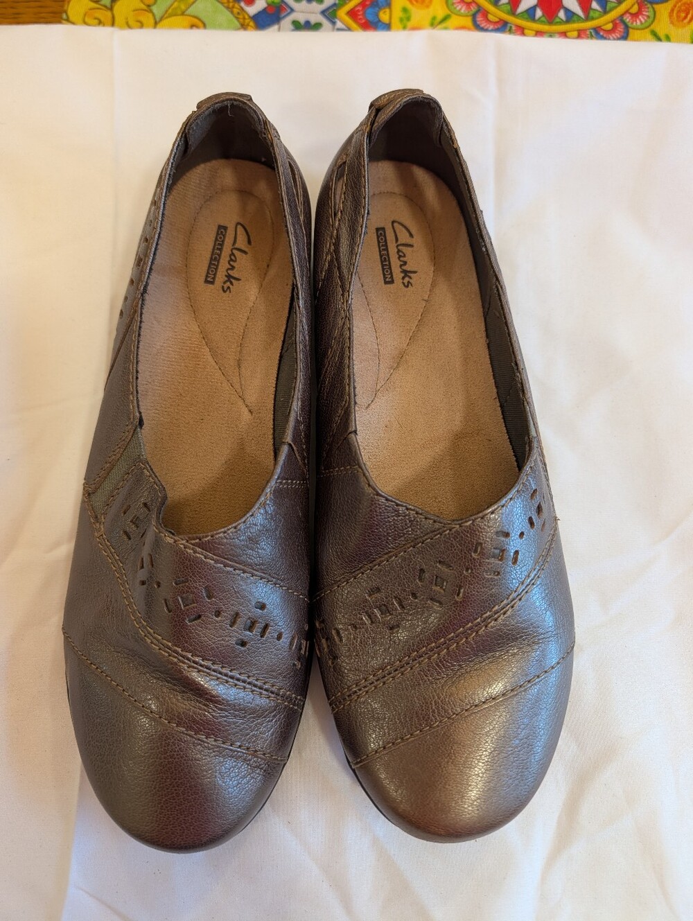 Clarks Collection Brown Metallic Leather Slip-On Loafers Comfort Shoes Size 9W